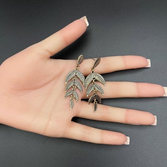 Bronze Dangling Detailed Leaf Boho Vintage Style Post Back Drop Earrings - Picture 10 of 10